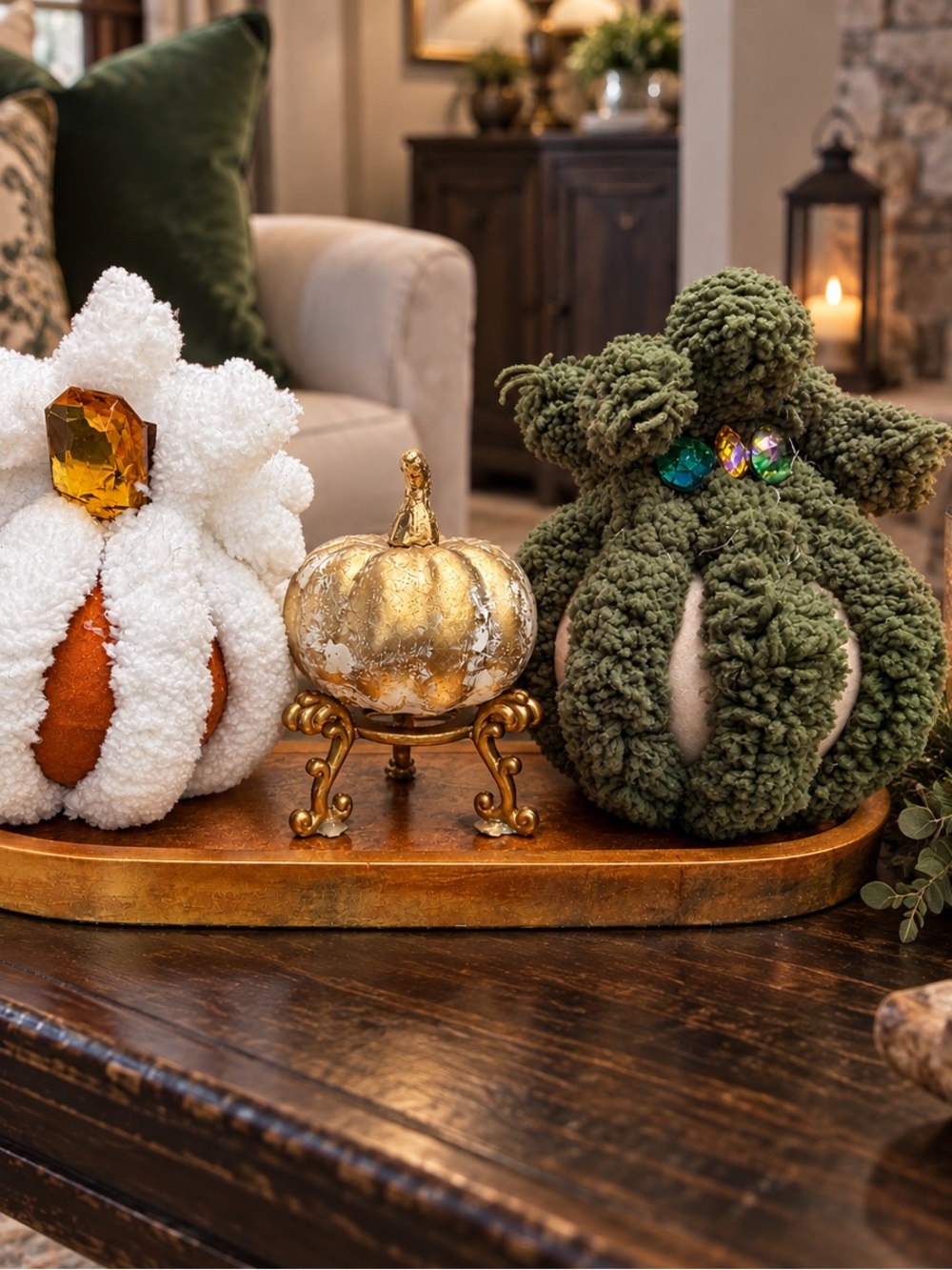Plush Holiday Pumpkin Trio - Green & White with Gold Accent